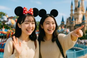 アトラクションを見つけて指をさす若い女性たち