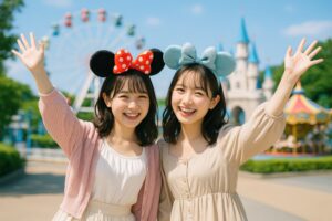 カチューシャをつけて楽しむ仲良しの若い女性たち
