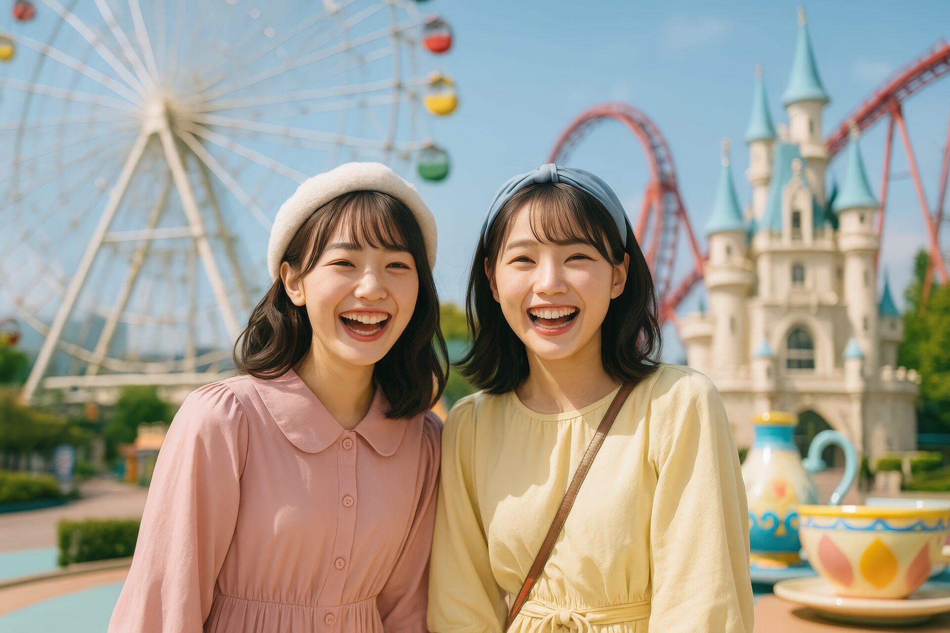 テーマパークで記念撮影をする笑顔の女性二人
