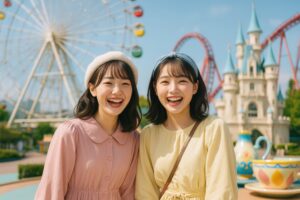 テーマパークで記念撮影をする笑顔の女性二人