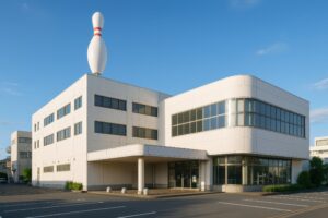 ボウリングのピンが屋上にある白い建物