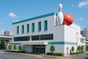 巨大なピンとボールが載った都市部のボウリング場