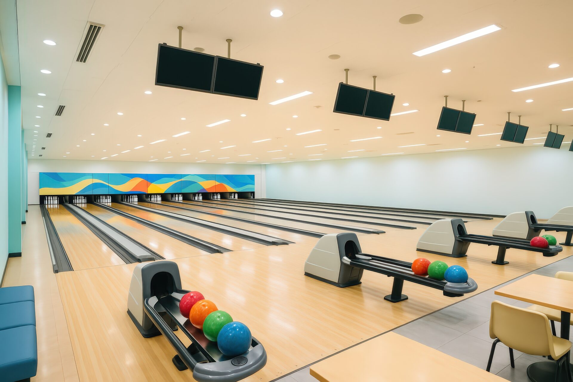 カラフルなボールが並ぶ明るいボウリング場の内観