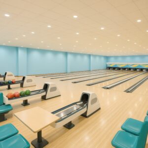 青い壁のシンプルで清潔感のあるボウリング場