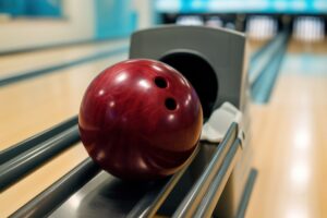 赤いボウリングボールとレーンのディテール