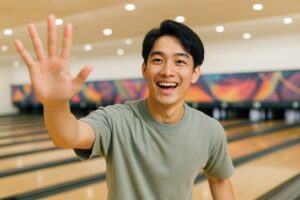 ボウリング場でハイタッチする笑顔の若い男性
