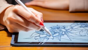 タブレットで花のイラストを描く様子