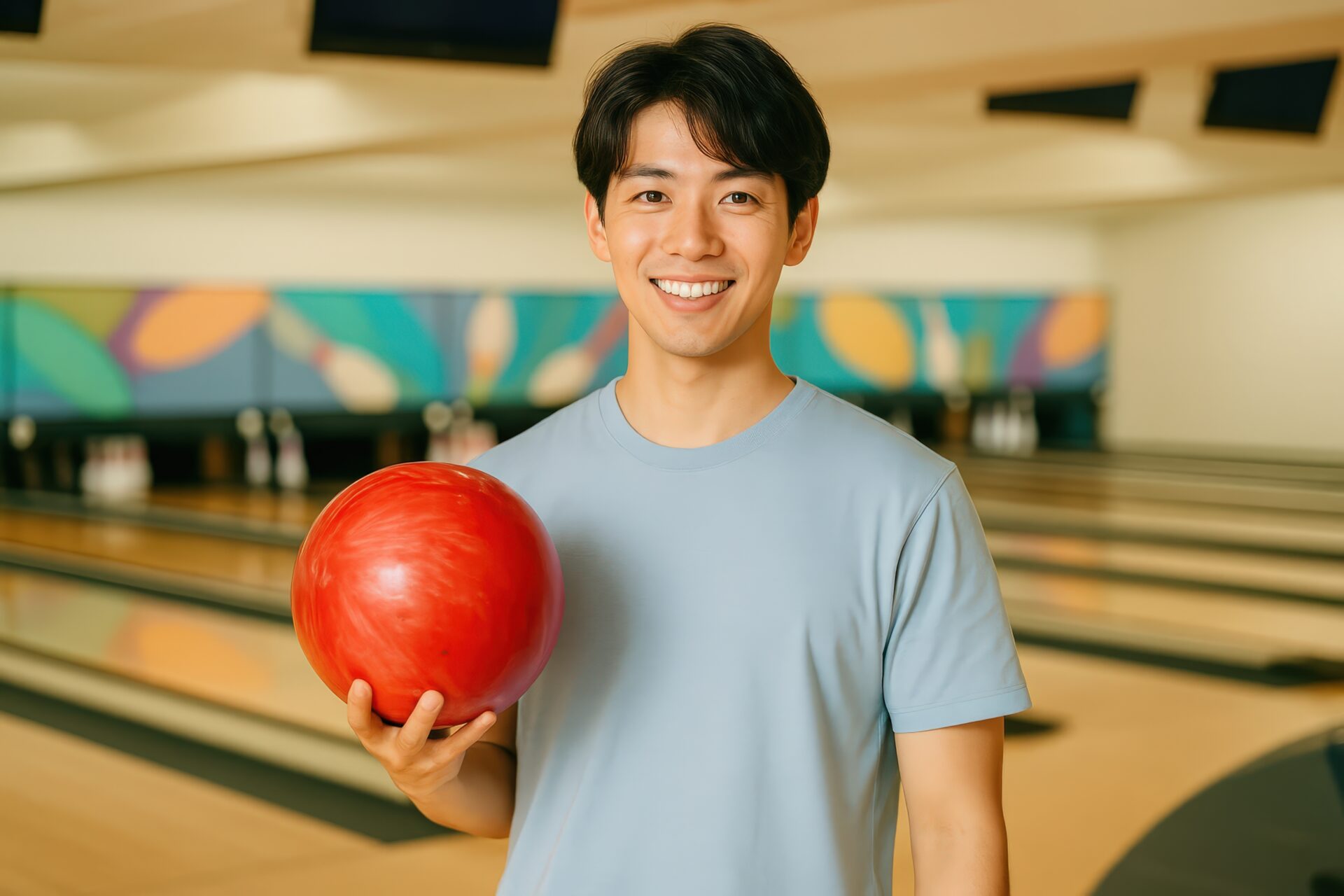 ボウリングボールを手に笑顔を見せる若い男性