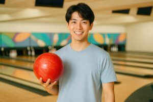 ボウリングボールを手に笑顔を見せる若い男性