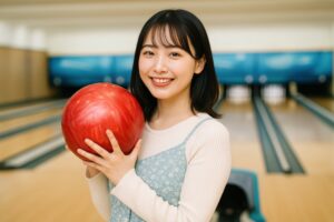 赤いボウリングボールを持つ笑顔の若い女性
