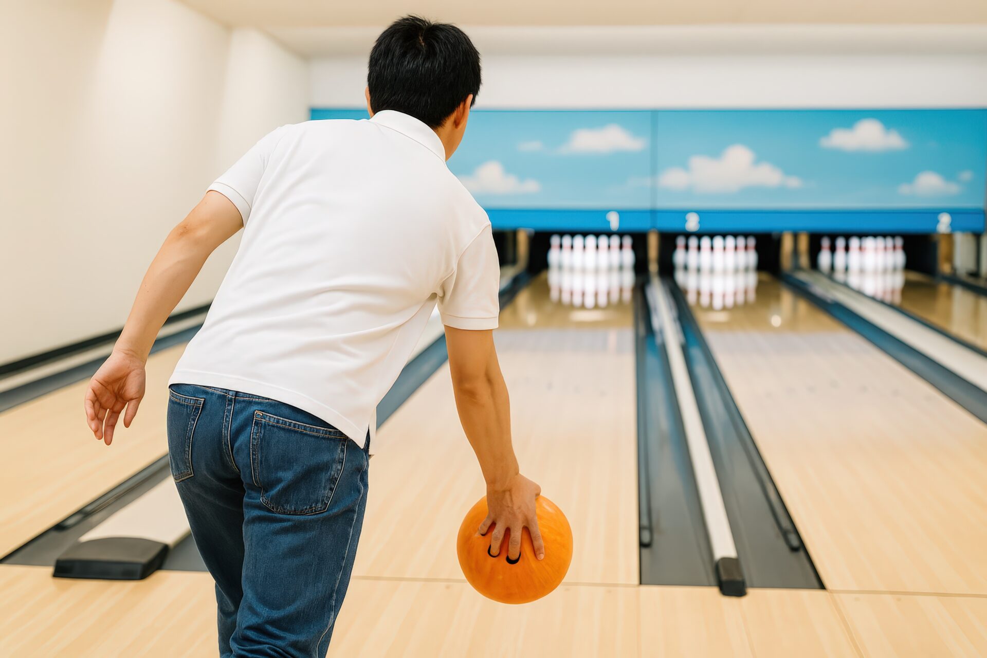 オレンジのボールを投げる白シャツの男性