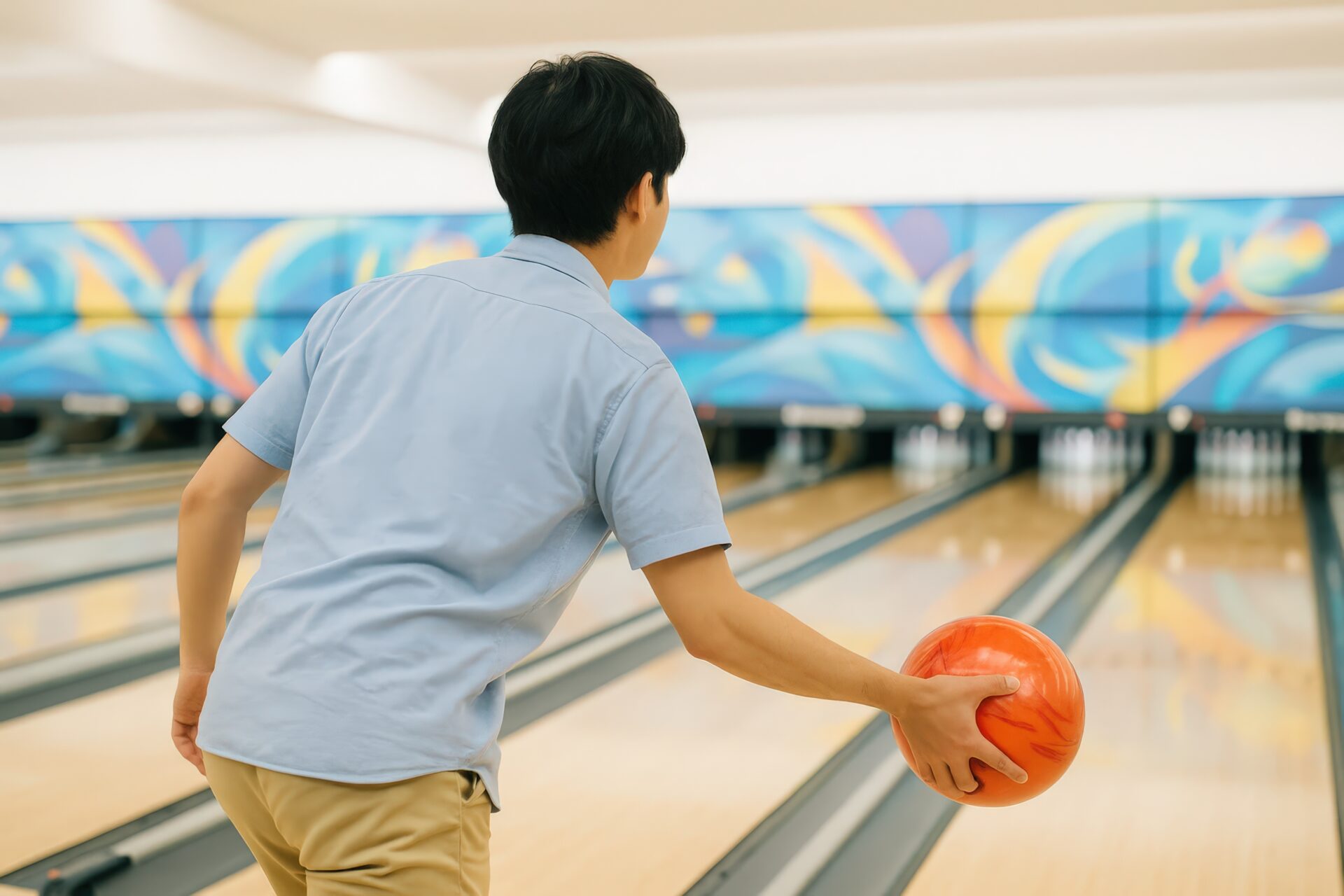 赤いボールを構えて投球する若い男性の後ろ姿