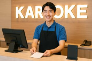 カラオケ店の受付で笑顔を見せる若い男性スタッフ