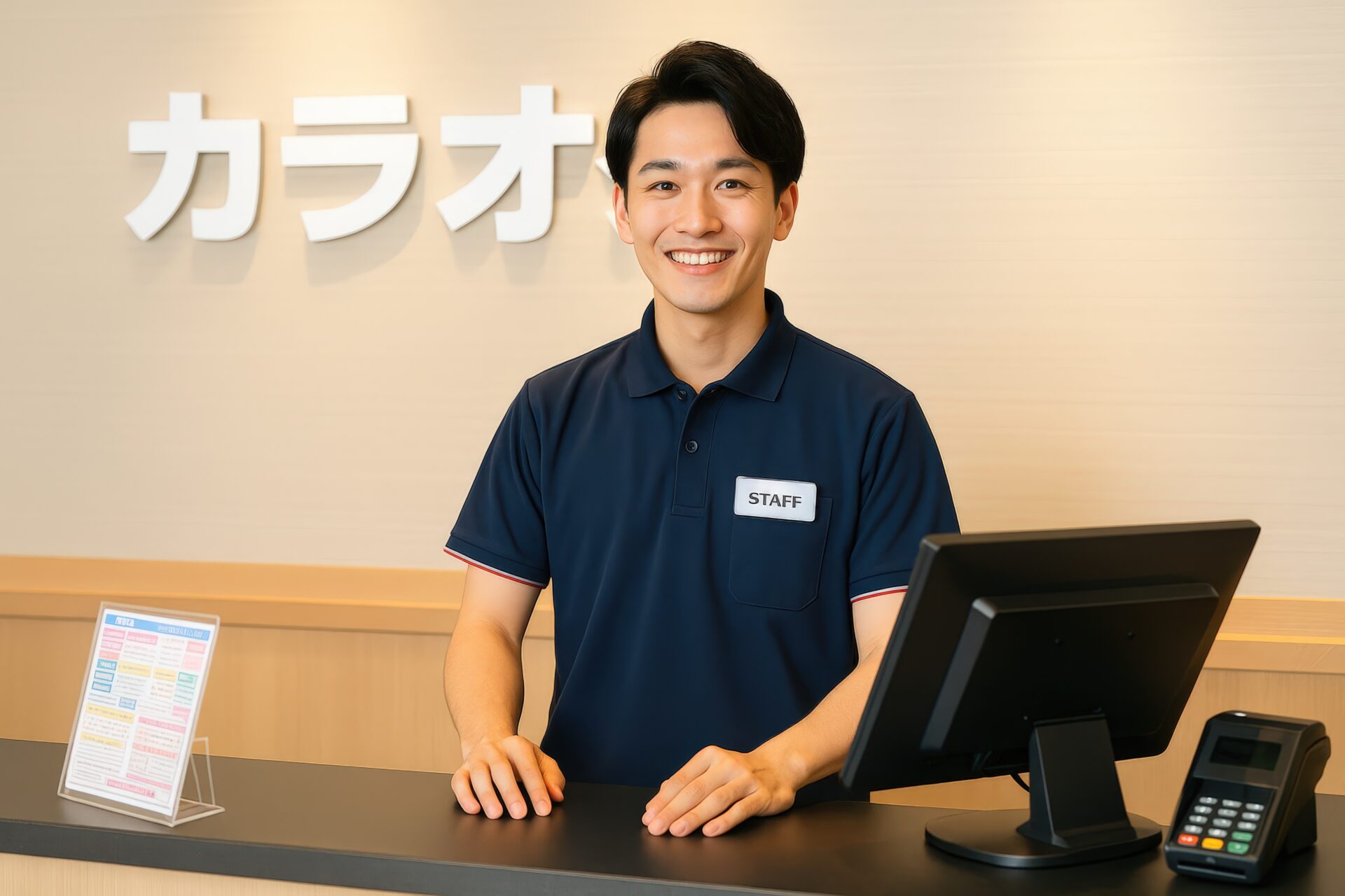 笑顔で接客するカラオケ店の男性スタッフ