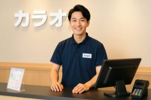笑顔で接客するカラオケ店の男性スタッフ
