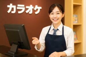 カラオケ受付で案内をする笑顔の若い女性スタッフ