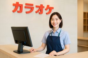 カウンターで笑顔を見せるカラオケ店の女性スタッフ