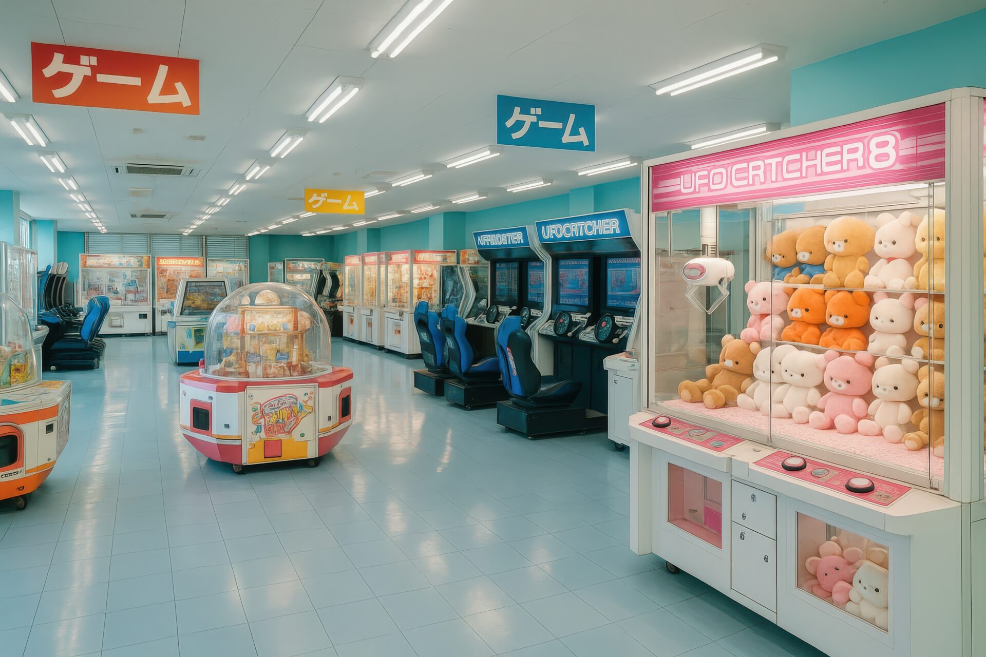明るくカラフルなUFOキャッチャーが並ぶゲームセンター