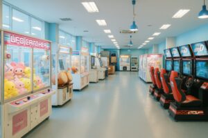 UFOキャッチャーや太鼓ゲームが並ぶゲームセンターの内観
