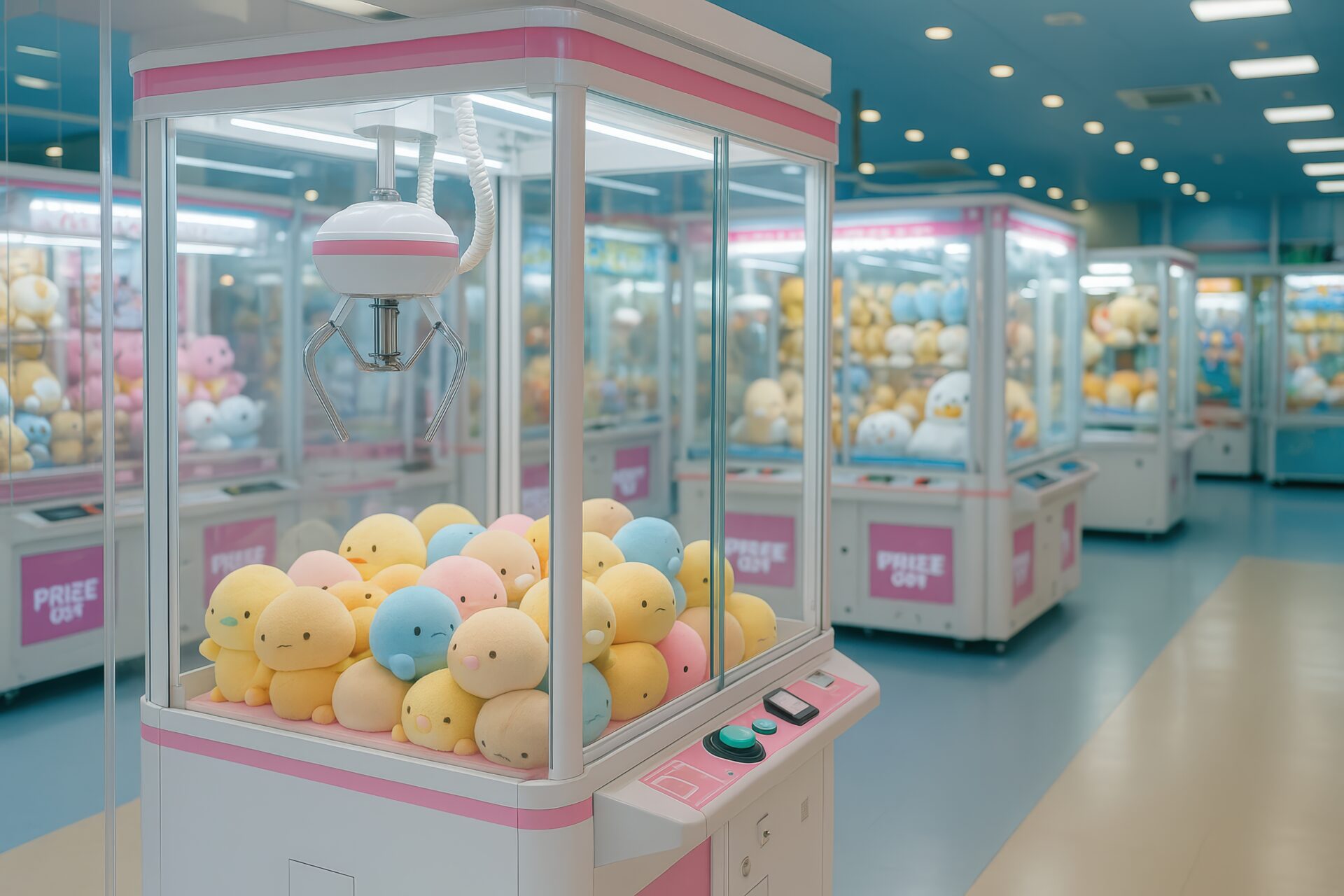 ぬいぐるみが並ぶUFOキャッチャーが並ぶゲームセンター