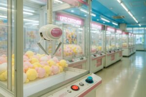 カラフルなぬいぐるみが詰まったクレーンゲーム機のアップ