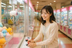 UFOキャッチャーで遊ぶ笑顔の若い女性