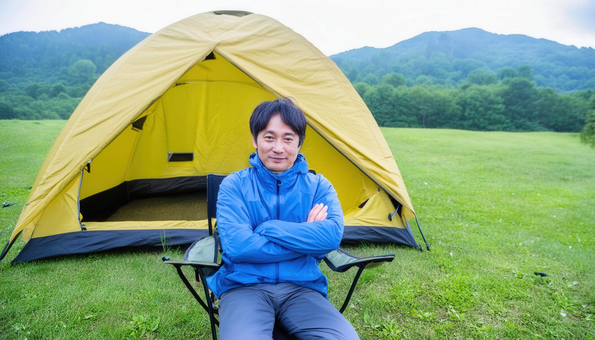 キャンプ場でテントの前に座る男性