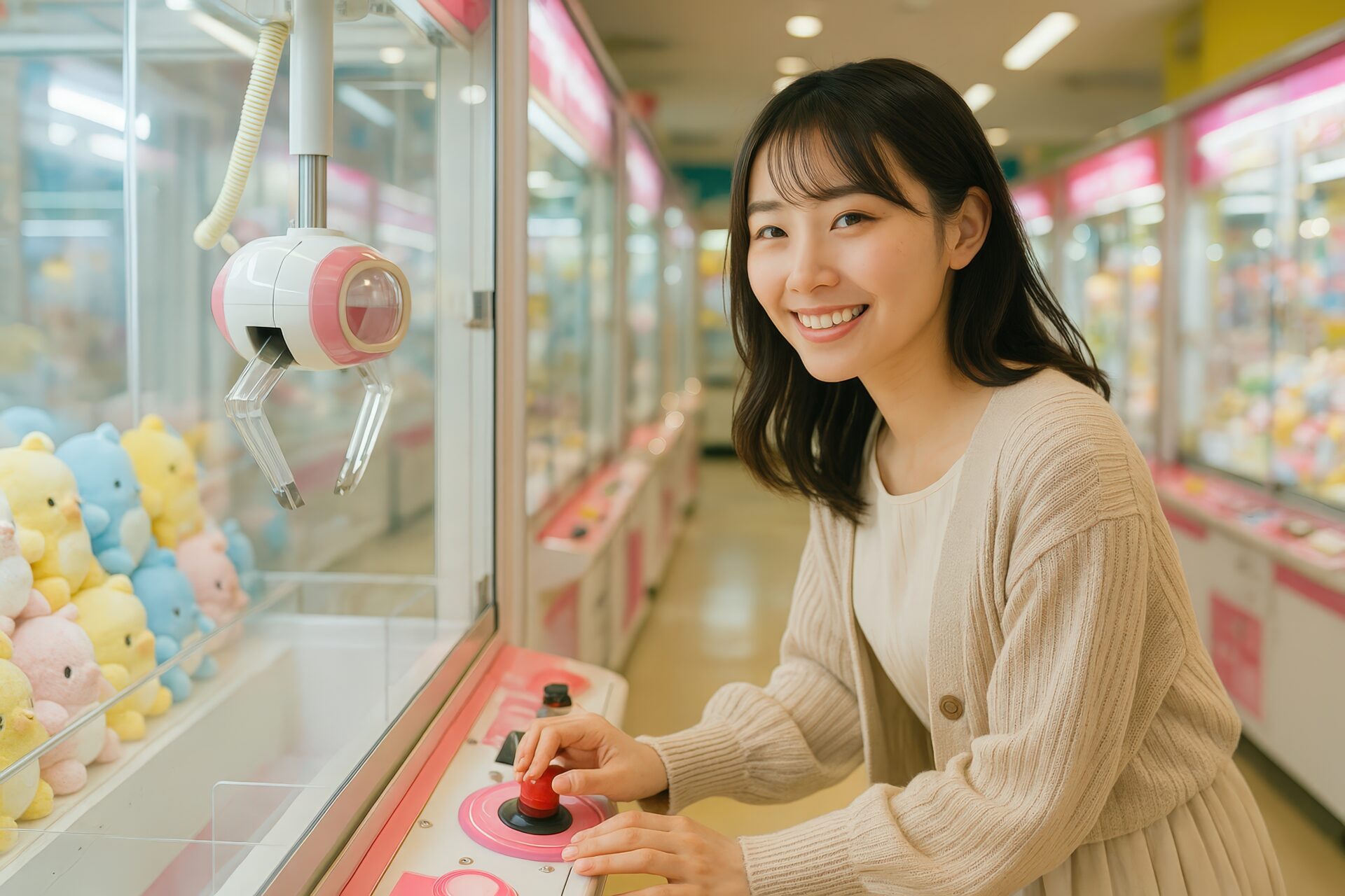 クレーンゲームに夢中な笑顔の女性