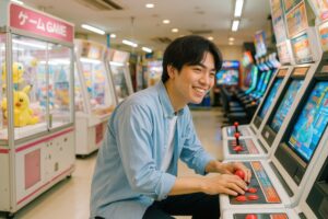 アーケードゲームに集中する笑顔の若い男性
