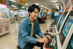 レトロなゲーム筐体で遊ぶ笑顔の若い男性