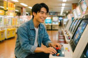 アーケードゲームに夢中な若い男性