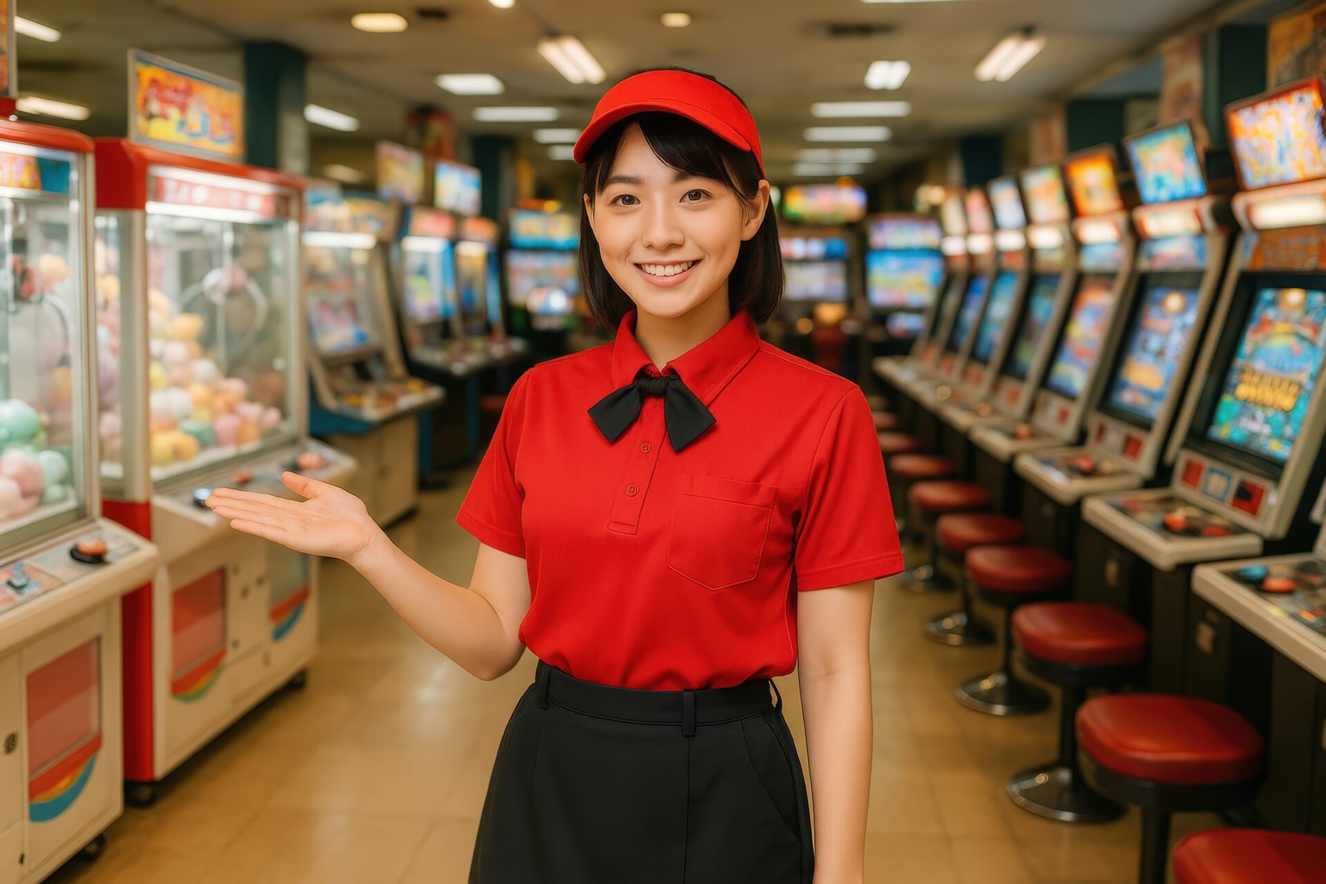 ゲームセンターで案内をする笑顔の若い女性スタッフ
