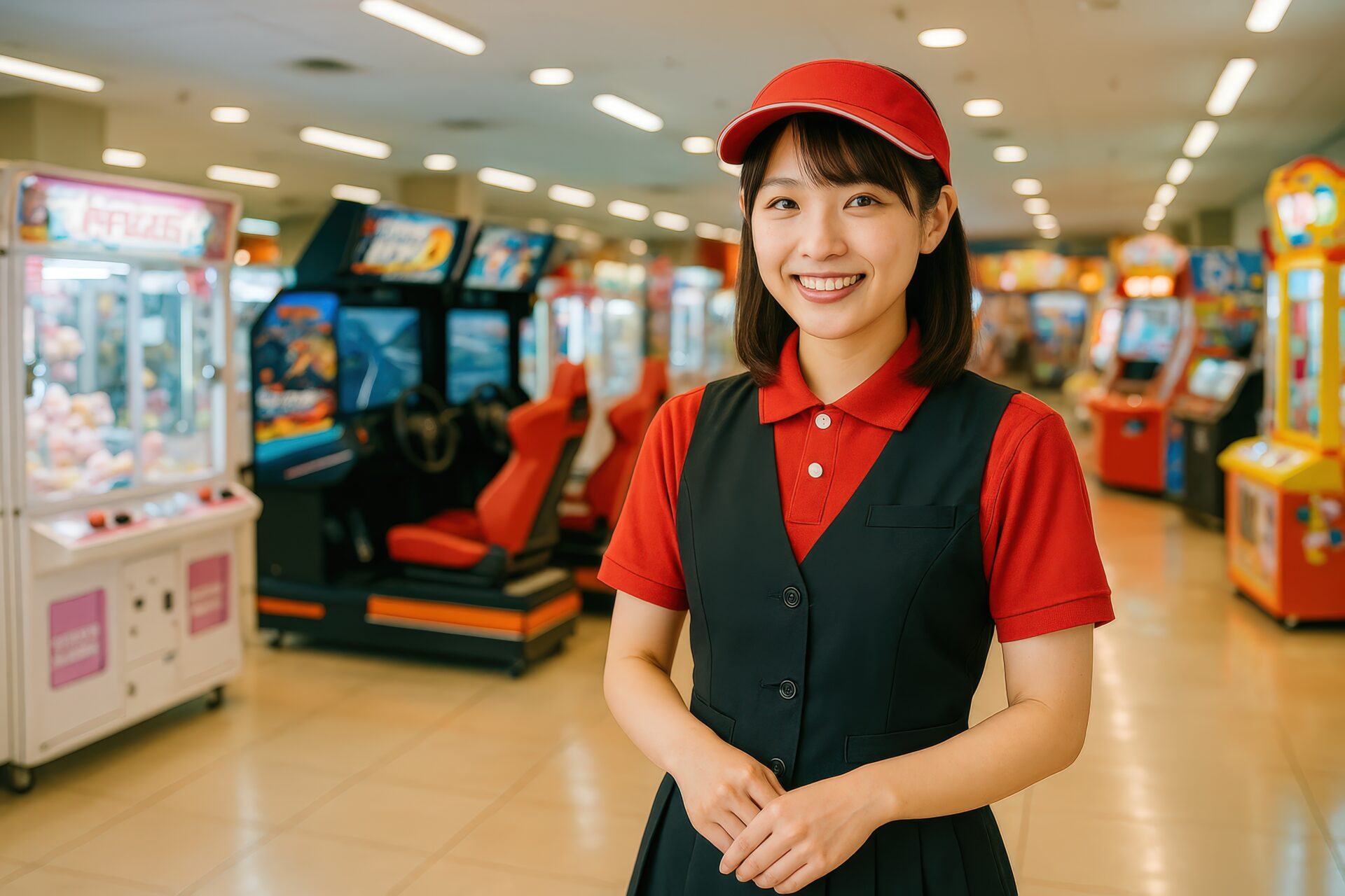 ゲームセンターの受付で微笑む女性スタッフ