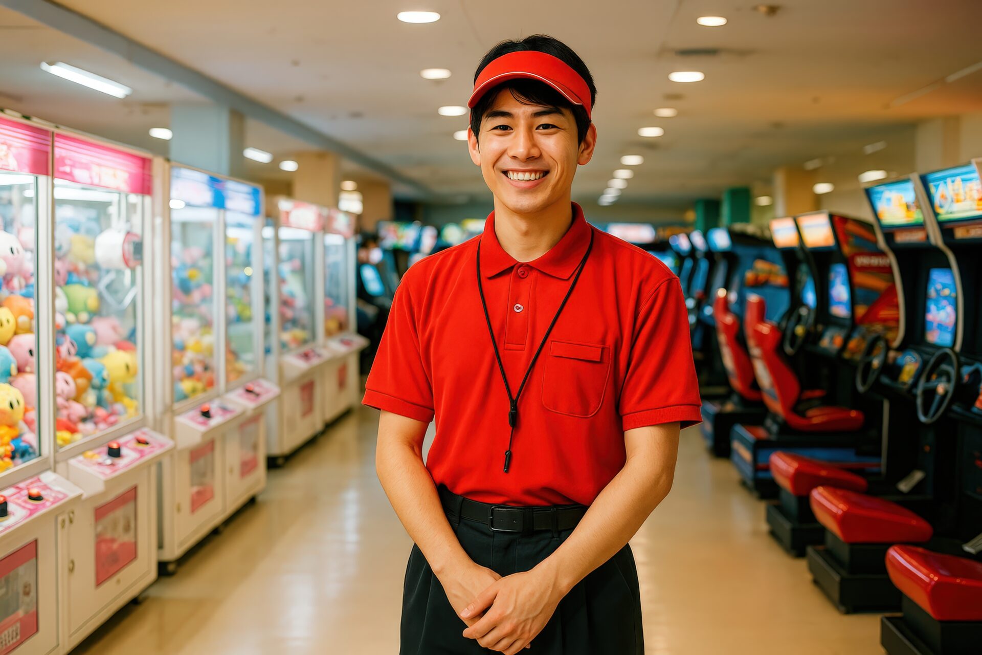 ゲームセンターで笑顔を見せる若い男性スタッフ