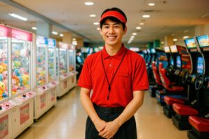 ゲームセンターで笑顔を見せる若い男性スタッフ