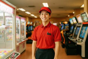 ゲームセンターで接客中の若い男性スタッフ