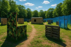 屋外に設置された障害物のあるサバゲーフィールド