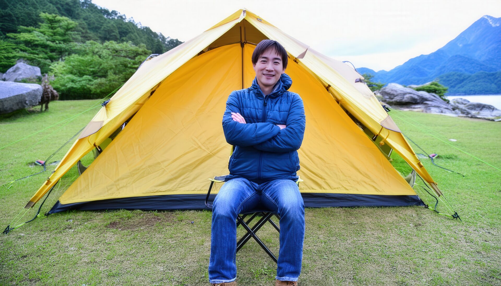 キャンプ場で黄色いテントの前に座る男性