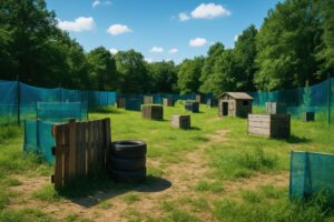 草原に広がる木製バリケードが並ぶサバゲーフィールド