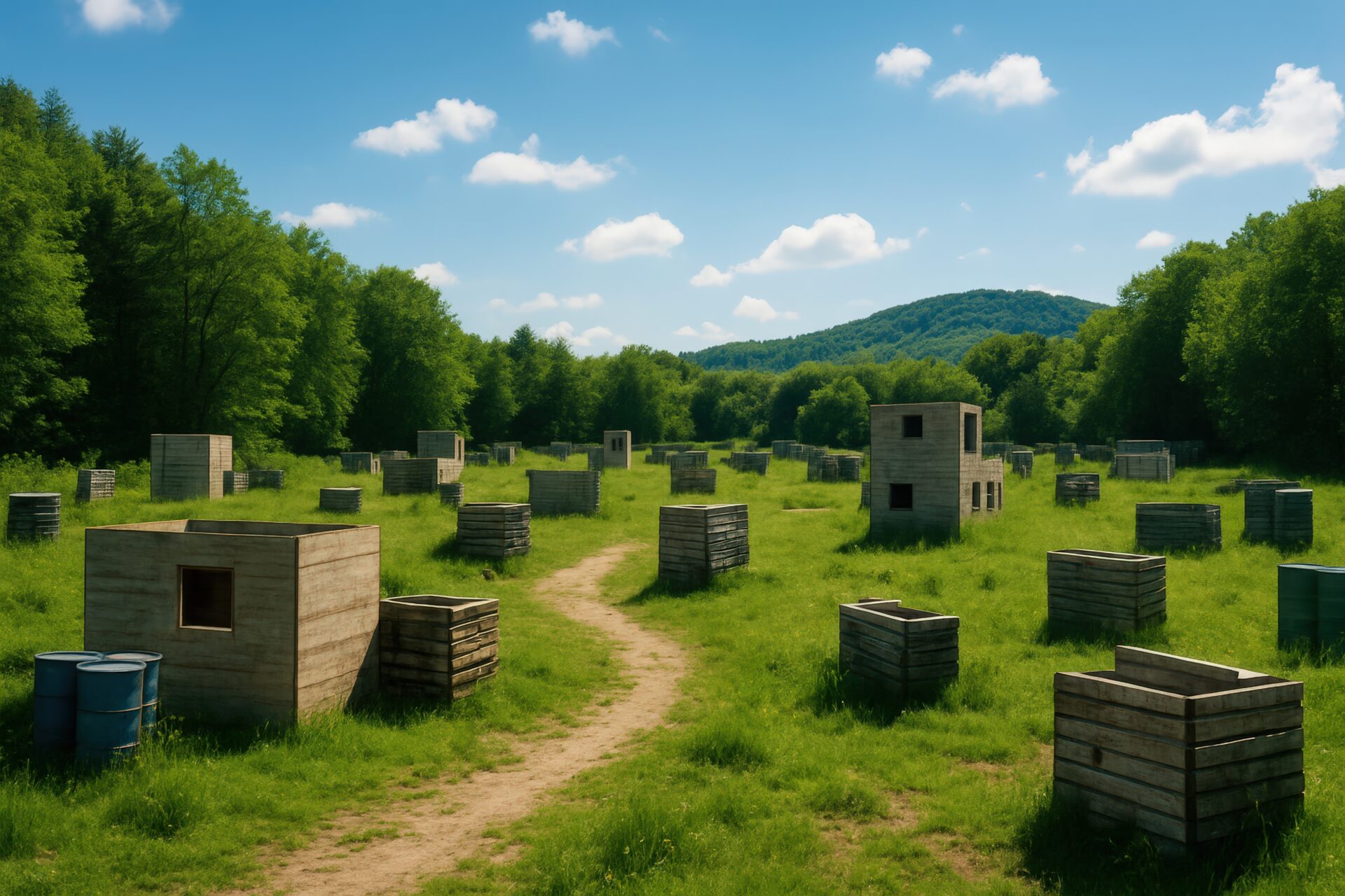山を背景に広がるサバゲーフィールド全景