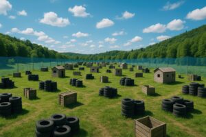 タイヤや木箱が配置された広大なサバゲーフィールド