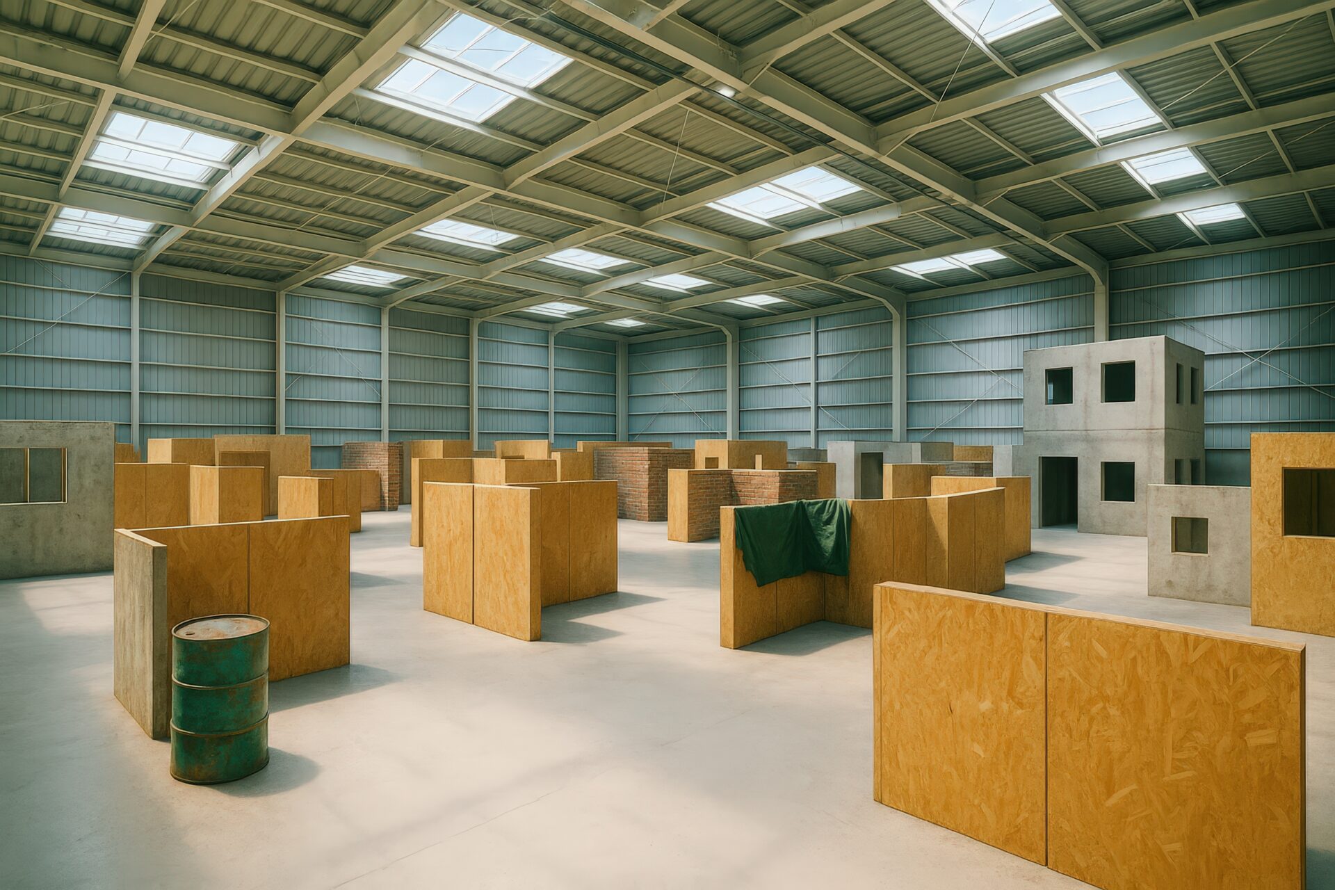 屋内に設置された木製バリケードが並ぶサバゲーフィールド