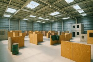 屋内に設置された木製バリケードが並ぶサバゲーフィールド