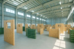 明るい屋内サバゲーフィールドに配置された障害物