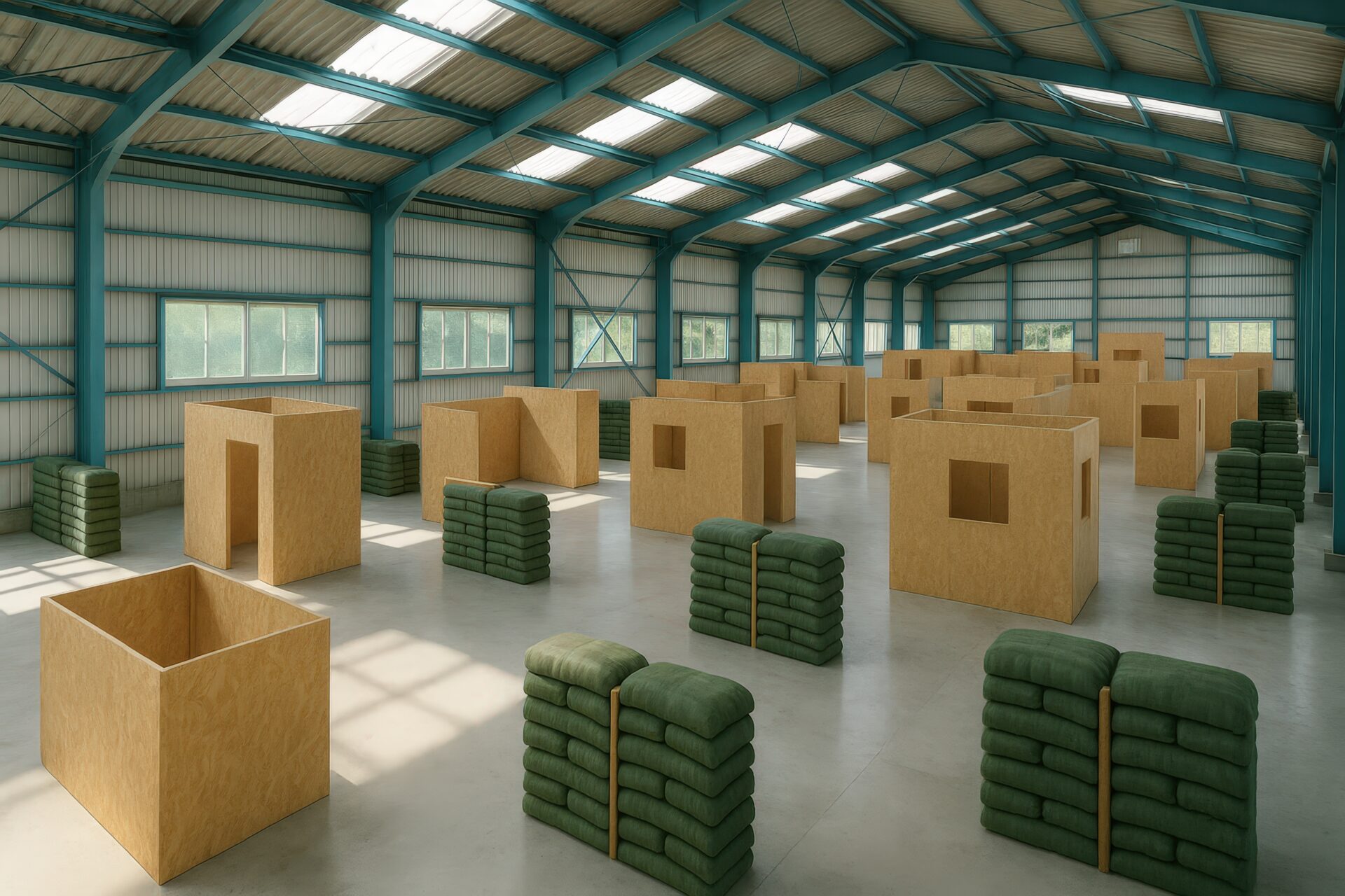 クッションバリケードが並ぶ広々とした屋内サバゲーフィールド