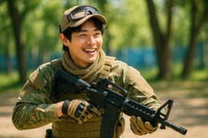 屋外のサバゲーフィールドで笑顔の男性プレイヤー