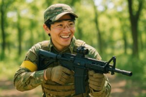 森の中で構える迷彩服姿の男性サバゲープレイヤー