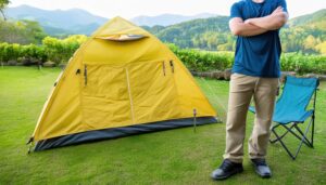 キャンプ場で黄色いテントの横に立つ男性