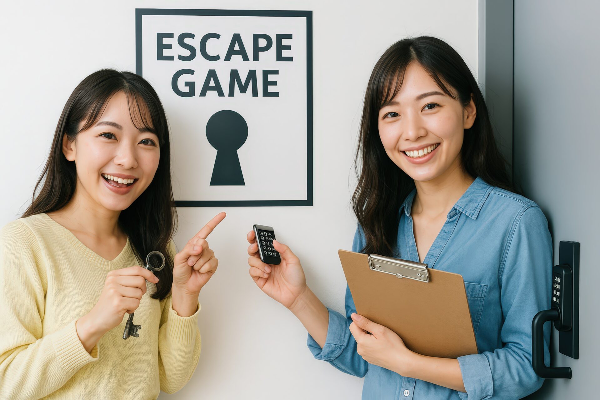 脱出ゲームの前で鍵とリモコンを持つ笑顔の若い女性たち