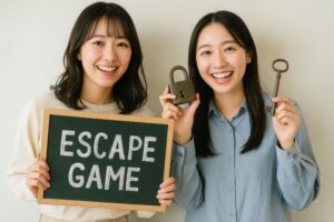 脱出ゲームの看板と鍵を手に持つ笑顔の若い女性たち